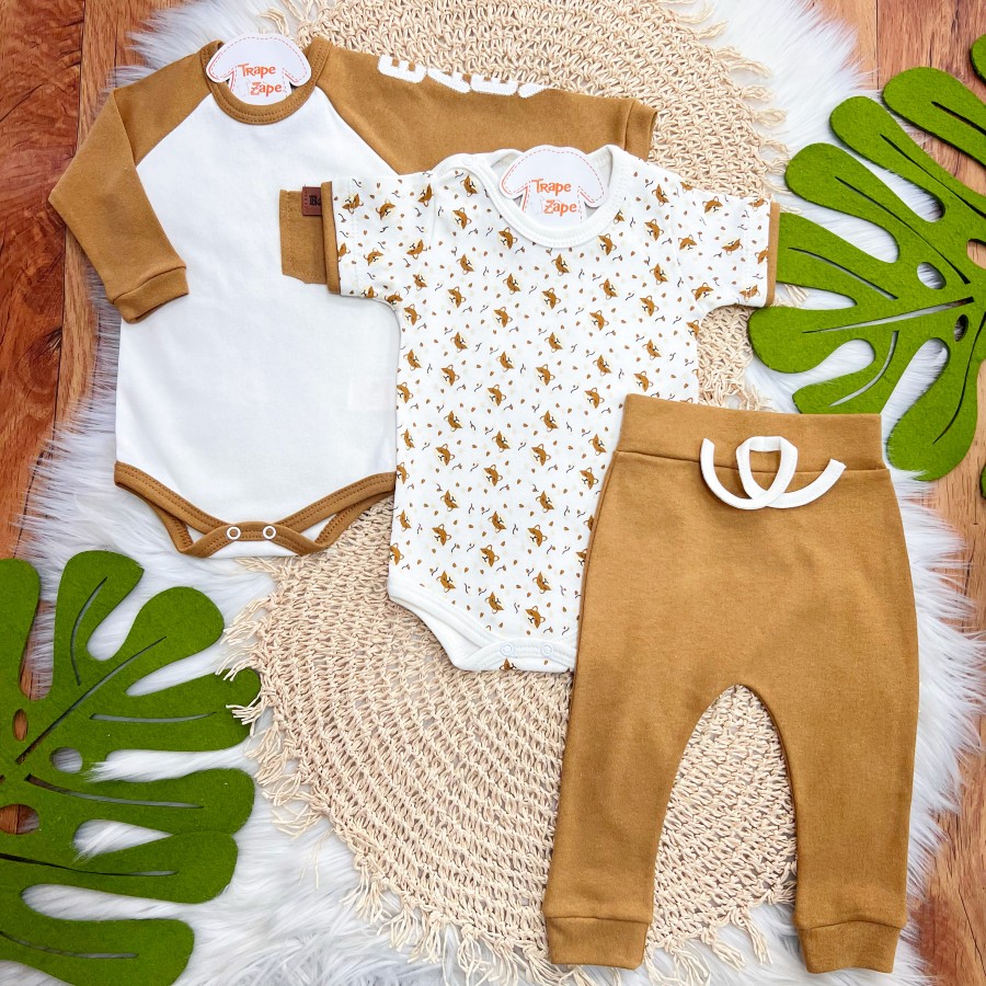 CONJ. DE MALHA 3 PEÇAS - Baby Raposinhas - Caramelo e Off White